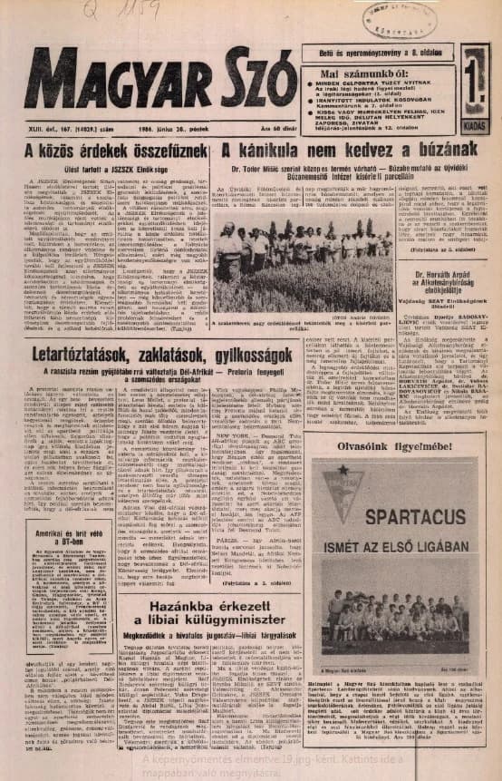 Magyar Szó, 43. évf. 1986. június 20. 167. sz. 1–16. oldal