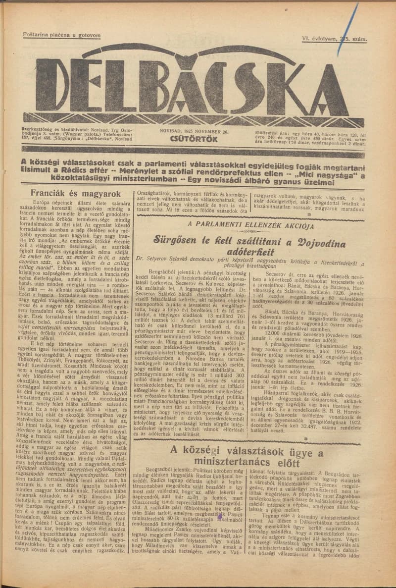 Délbácska, 6. évf. 1925. november 26. 275. sz.