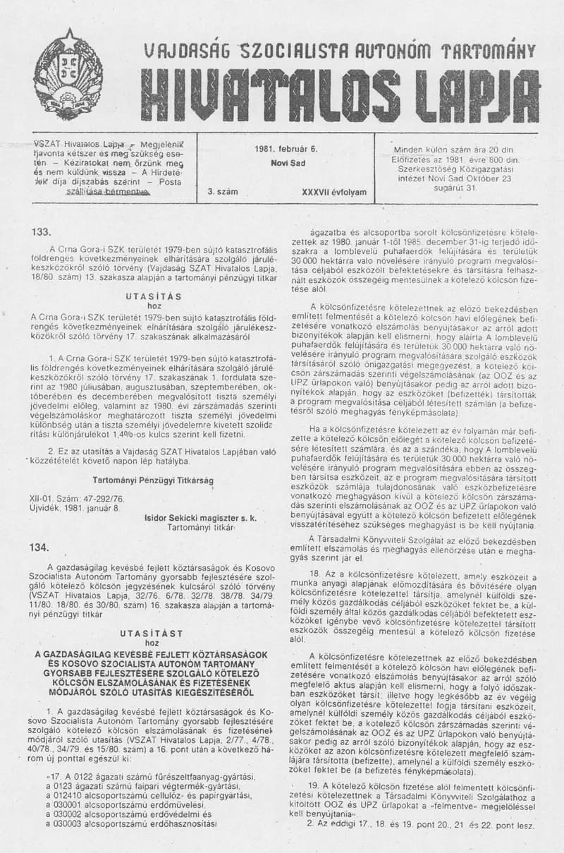 Vajdaság Szocialista Autonóm Tartomány Hivatalos Lapja, 37. évf. 1981. február 6. 3. sz.