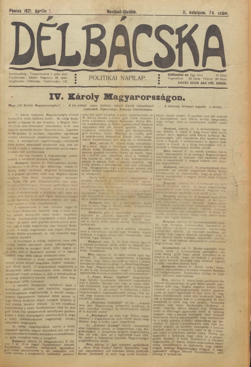 Délbácska, 2. évf. 1921. április 1. 74. sz.