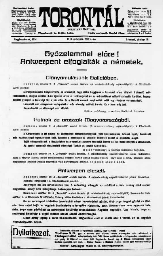 Torontál, 43. évf. 1914. október 10. 230. sz.