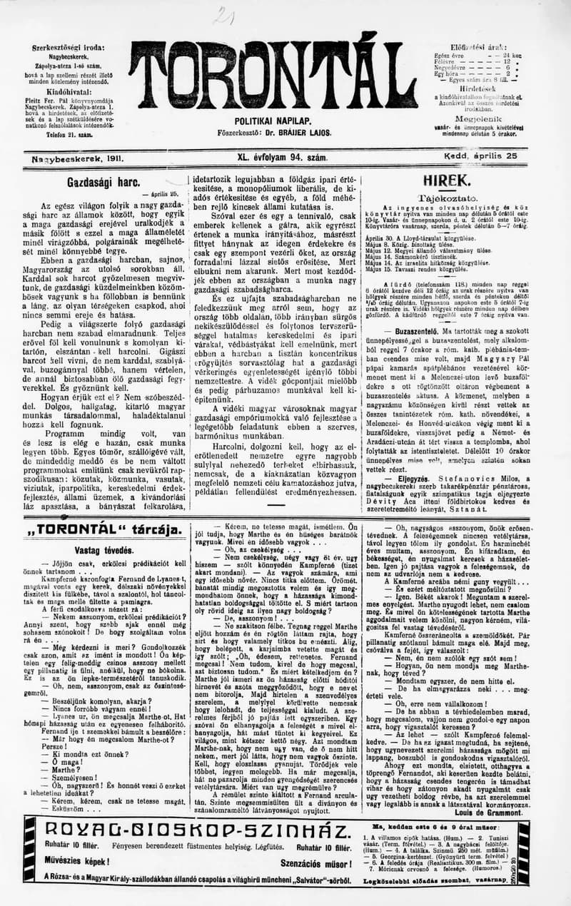 Torontál, 40. évf. 1911. április 25. 94. sz.