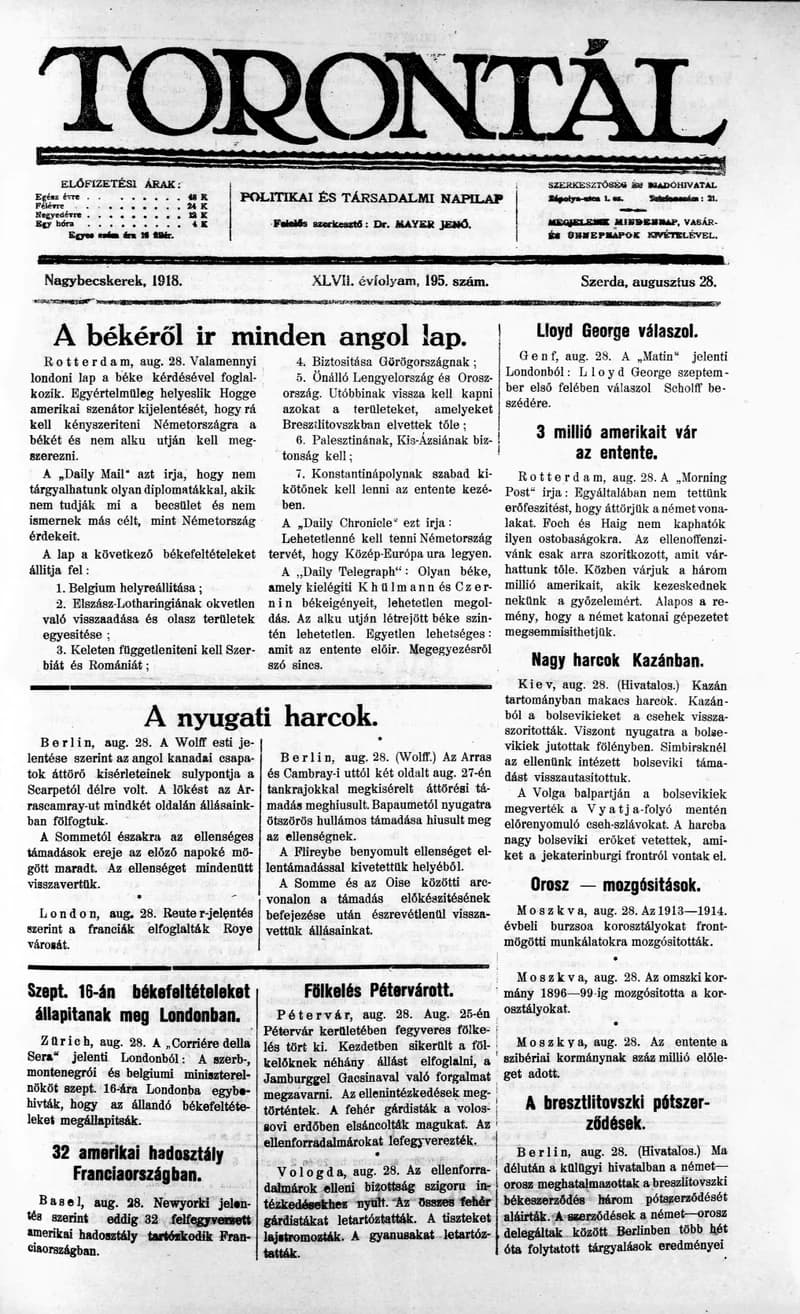 Torontál, 47. évf. 1918. augusztus 28. 195. sz.