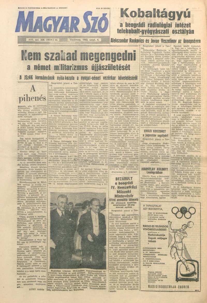 Magyar Szó, 17. évf. 1960. szeptember 4. 208. sz. 1–30. oldal