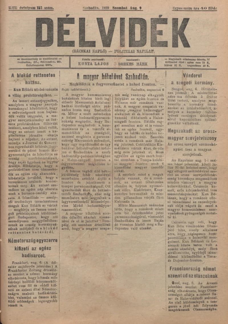 Délvidék, 13. évf. 1919. augusztus 9. 157. sz.