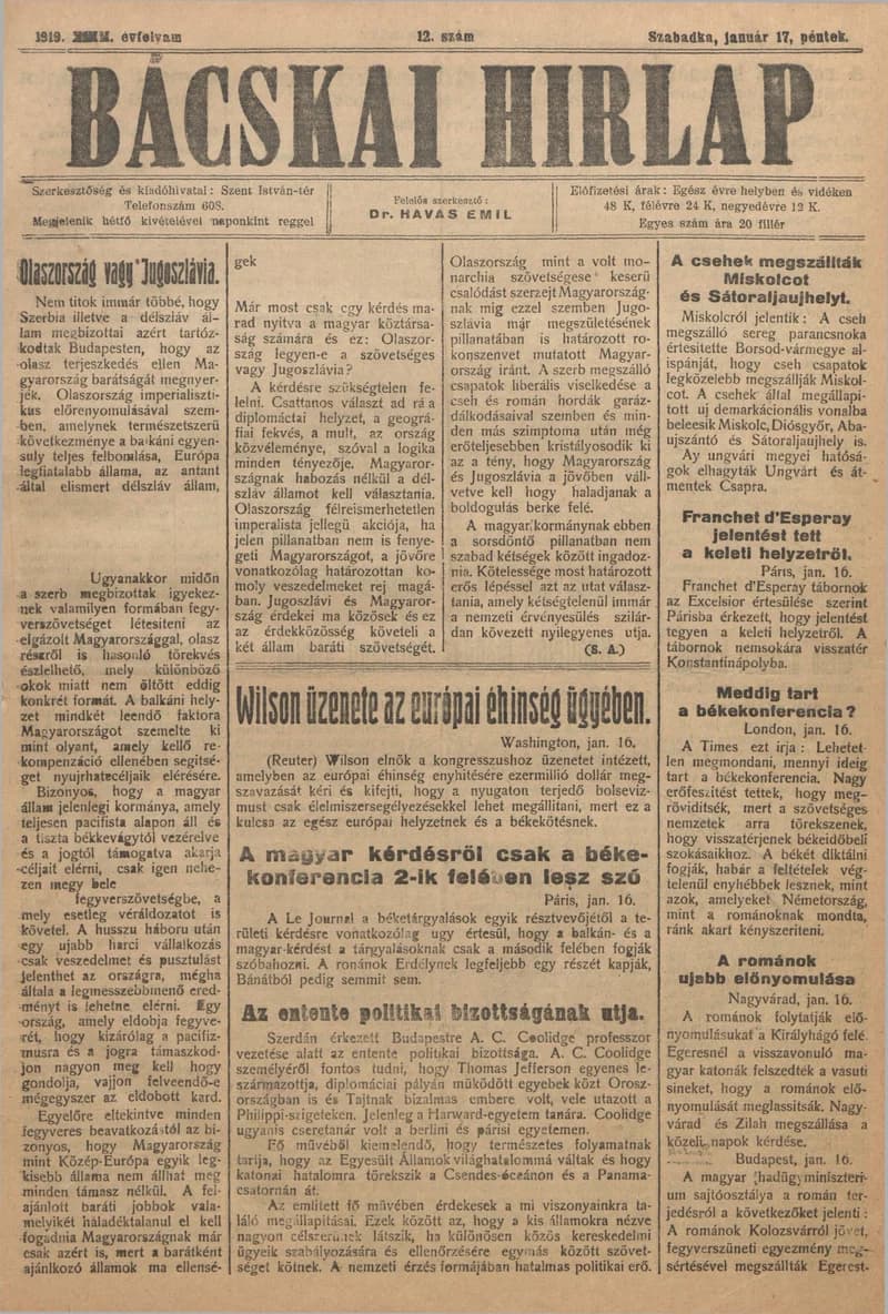 Bácskai Hirlap, 23. évf. 1919. január 17. 12. sz.