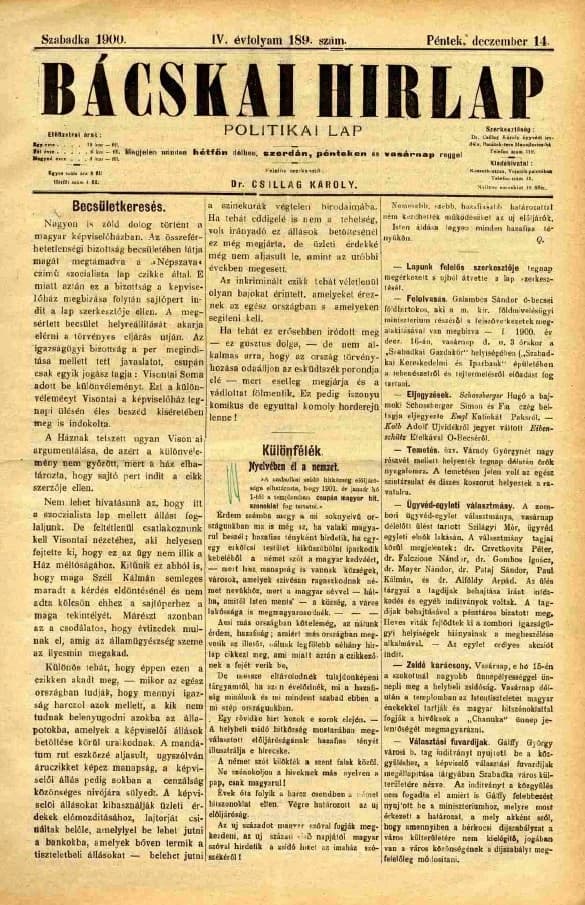 Bácskai Hirlap, 4. évf. 1900. december 14. 189. sz.