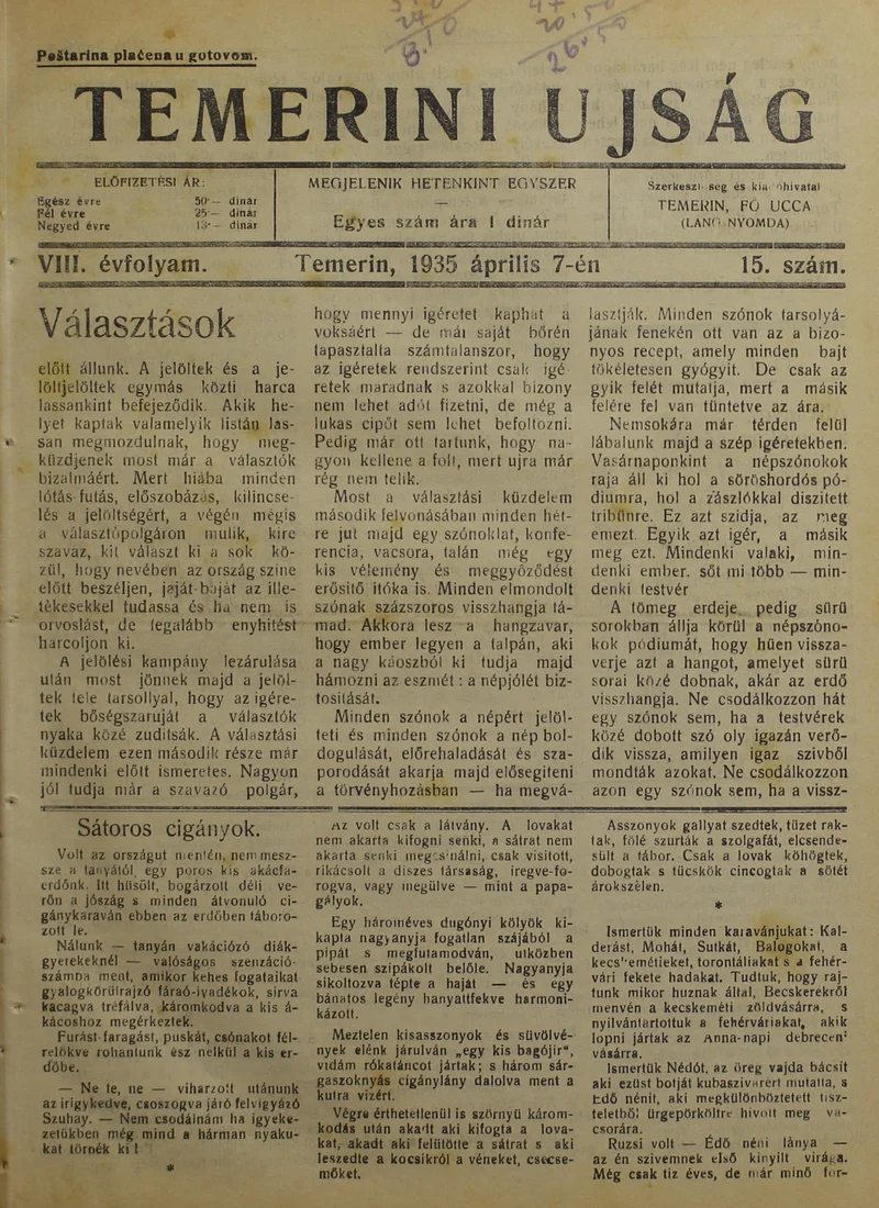 Temerini Újság 1928-1944, 8. évf. 1935. április 7. 15. sz.