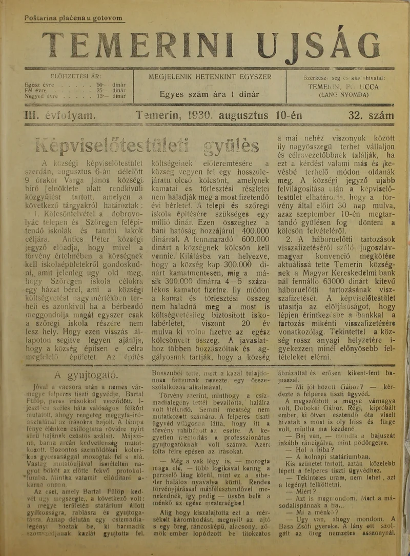 Temerini Újság 1928-1944, 3. évf. 1930. augusztus 10. 32. sz.