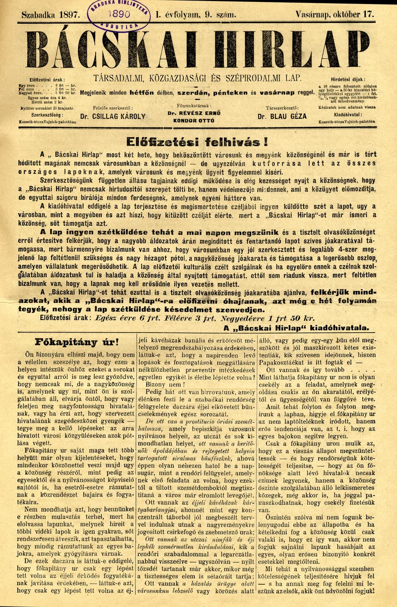 Bácskai Hirlap, 1. évf. 1897. október 17. 9. sz. 1–4. oldal