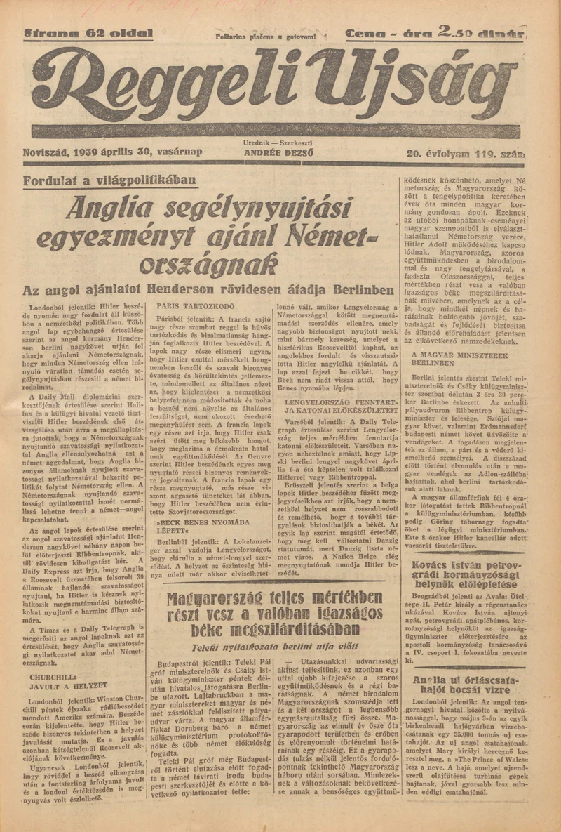 Reggeli Újság, 20. évf. 1939. április 30. 119. sz.