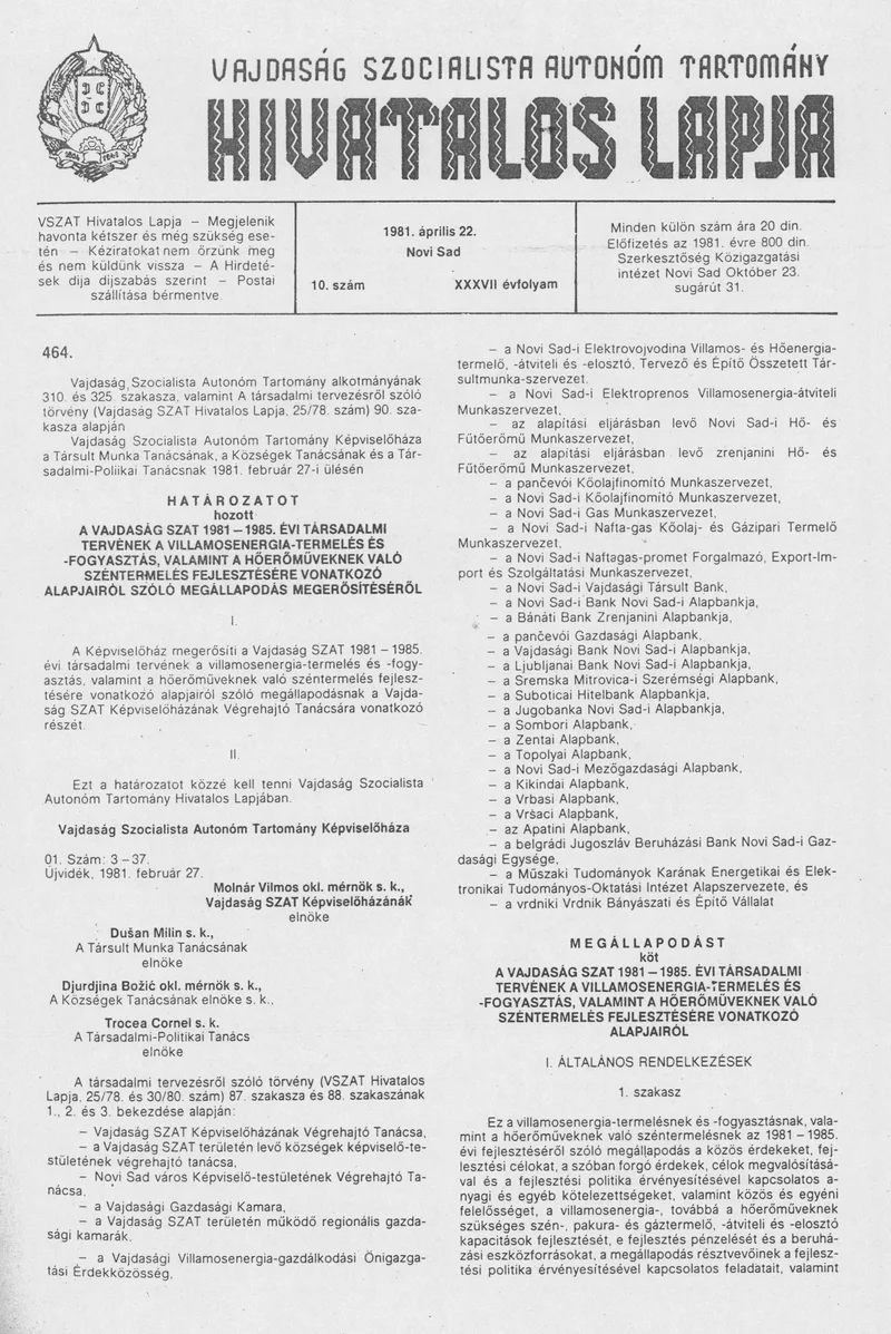 Vajdaság Szocialista Autonóm Tartomány Hivatalos Lapja, 37. évf. 1981. április 22. 10. sz.