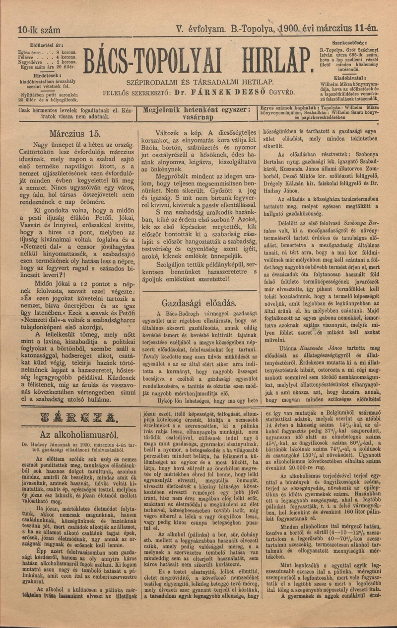Bács-Topolyai Hirlap, 5. évf. 1900. március 11. 10. sz.