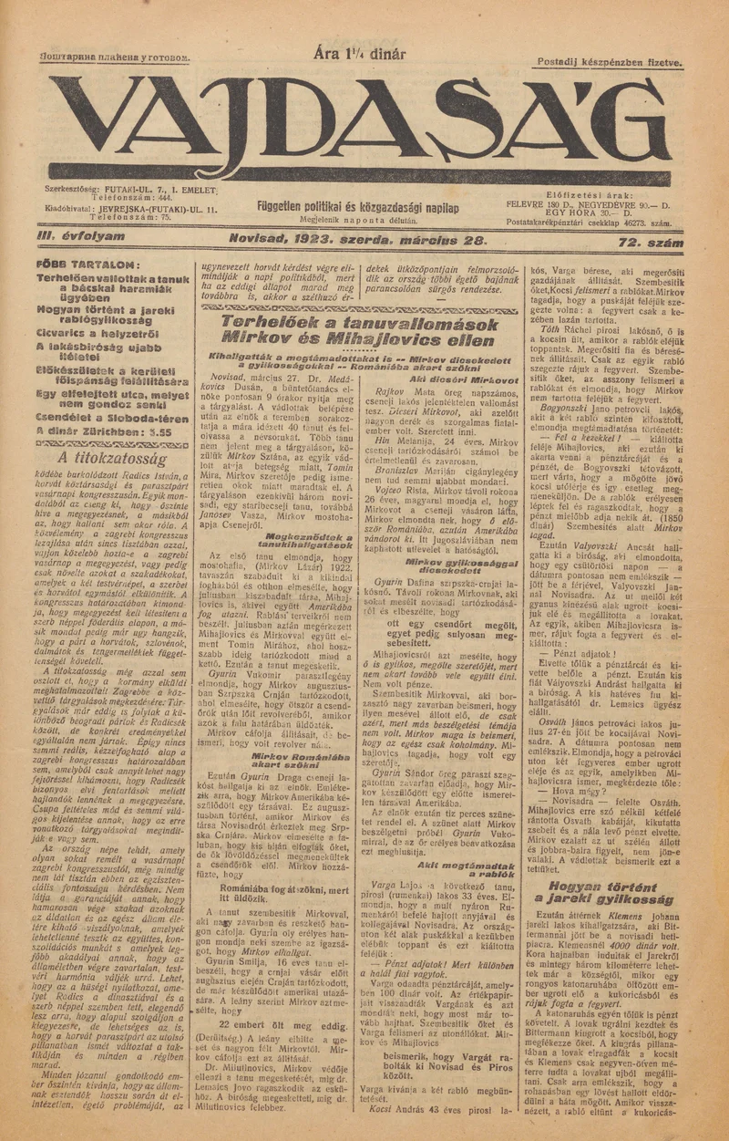 Vajdaság, 3. évf. 1923. március 28. 72. sz.
