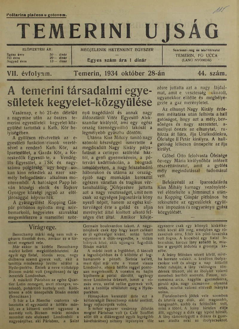 Temerini Újság 1928-1944, 7. évf. 1934. október 28. 44. sz.