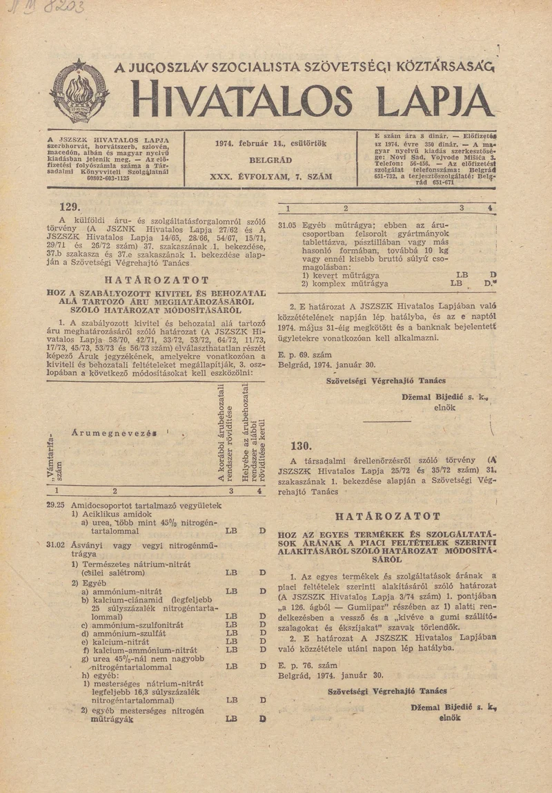 A Jugoszláv Szocialista Szövetségi Köztársaság Hivatalos Lapja, 30. évf. 1974. február 14. 7. sz. 173–196. oldal