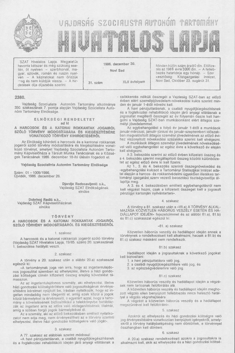 Vajdaság Szocialista Autonóm Tartomány Hivatalos Lapja, 42. évf. 1986. december 30. 31. sz.