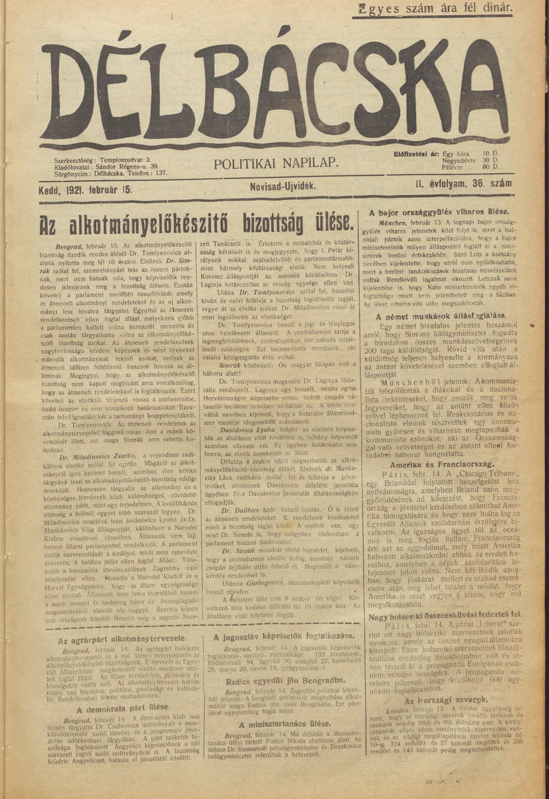 Délbácska, 2. évf. 1921. február 15. 36. sz.