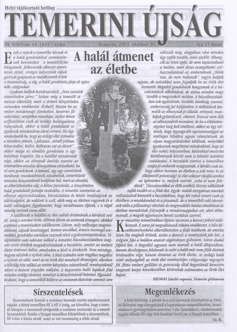 Temerini Újság, 9. évf. 2003. október 30. 44. sz.