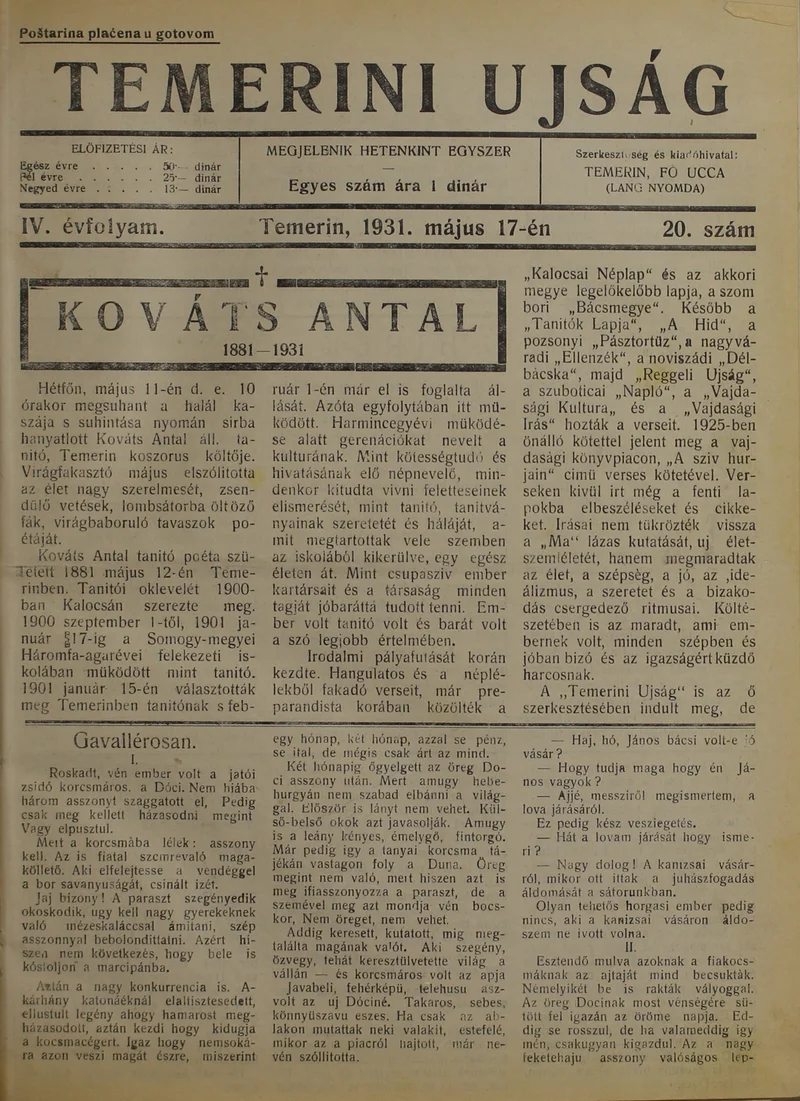 Temerini Újság 1928-1944, 4. évf. 1931. május 17. 20. sz.