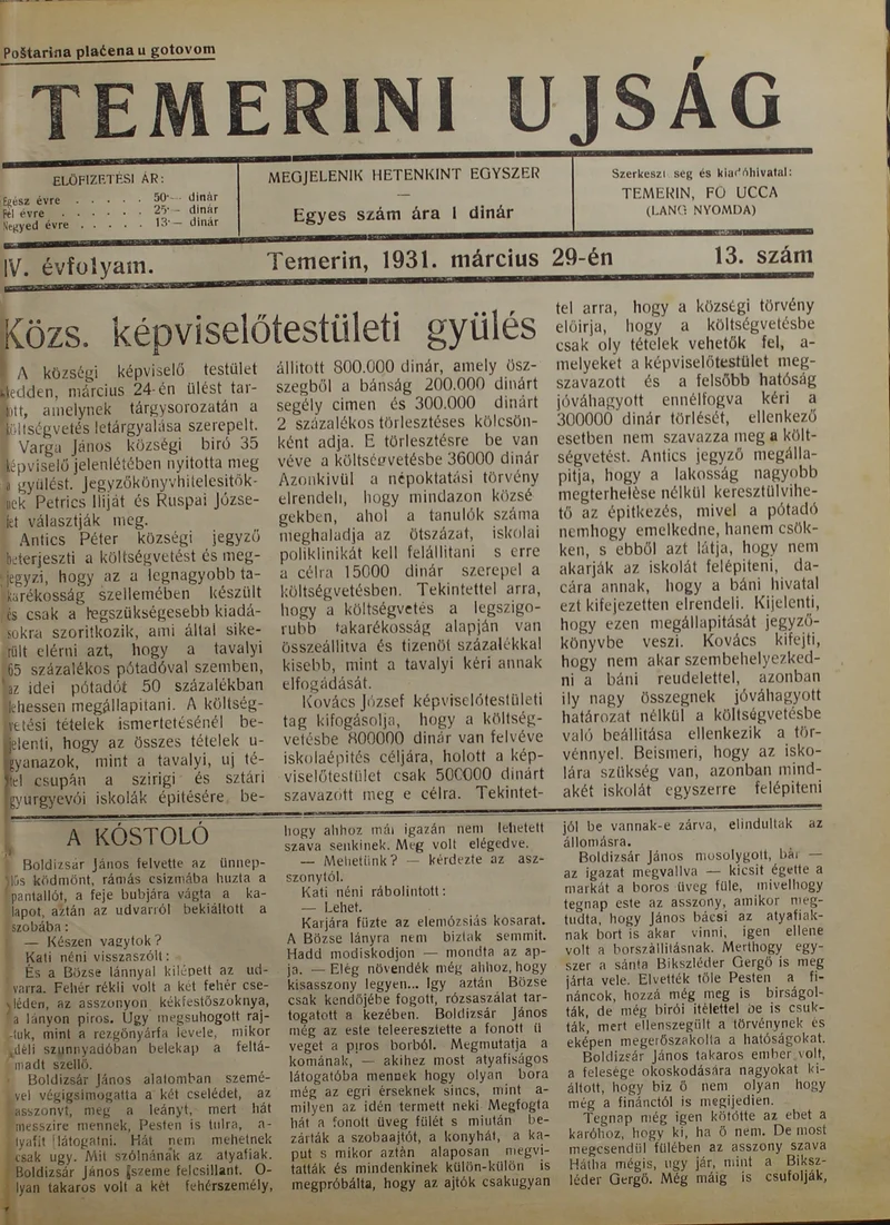Temerini Újság 1928-1944, 4. évf. 1931. március 29. 13. sz.