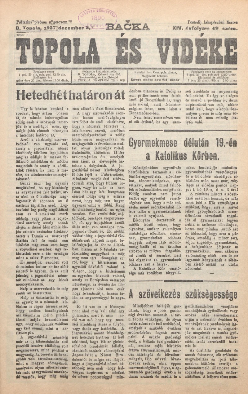 Bačka Topola és Vidéke, 14. évf. 1937. december 5. 49. sz.