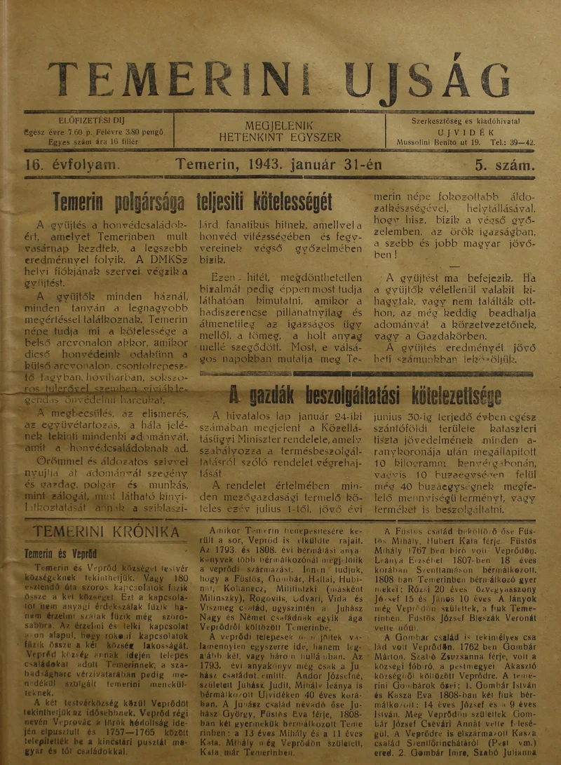 Temerini Újság 1928-1944, 16. évf. 1943. január 31. 5. sz.