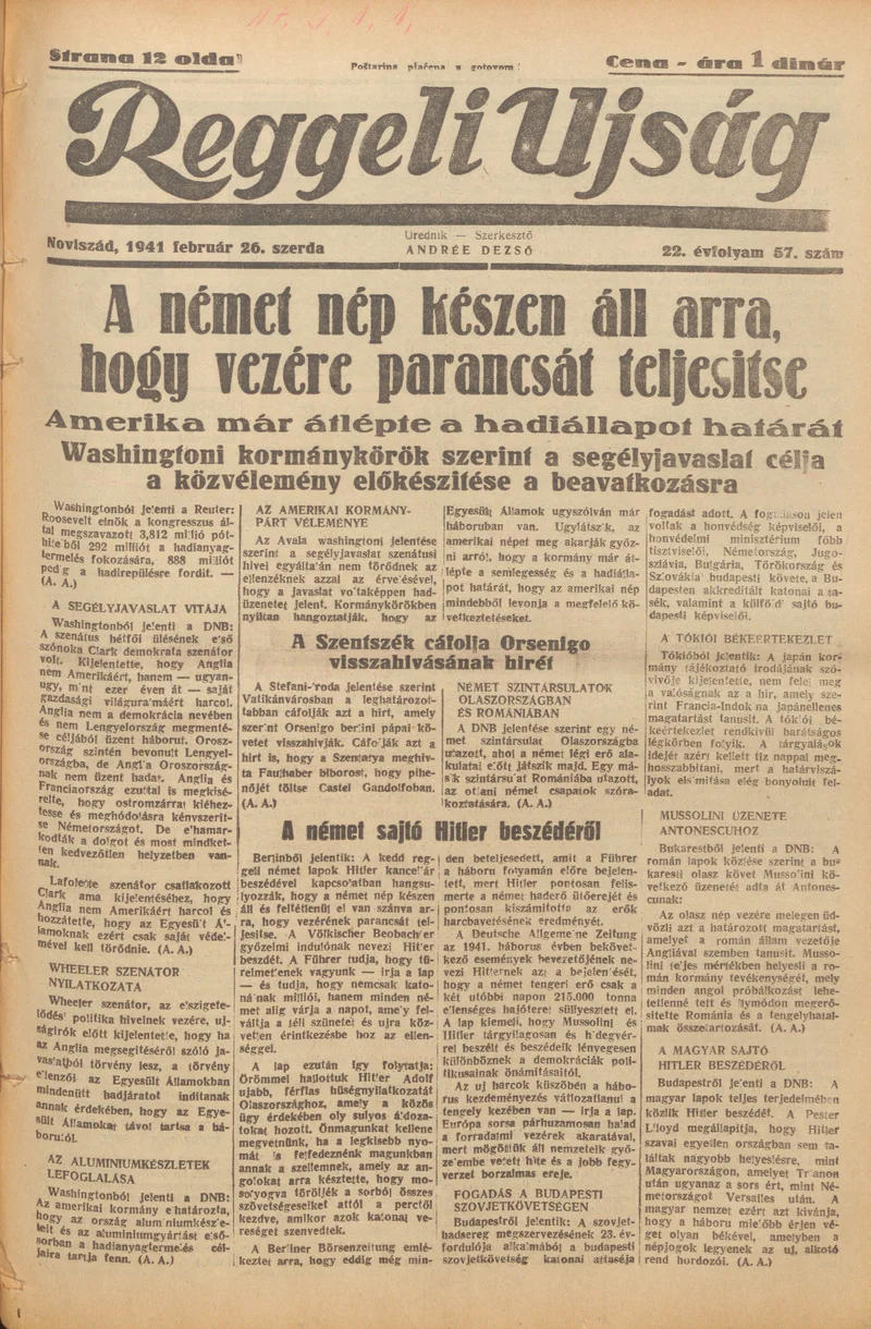 Reggeli Újság, 22. évf. 1941. február 26. 57. sz.