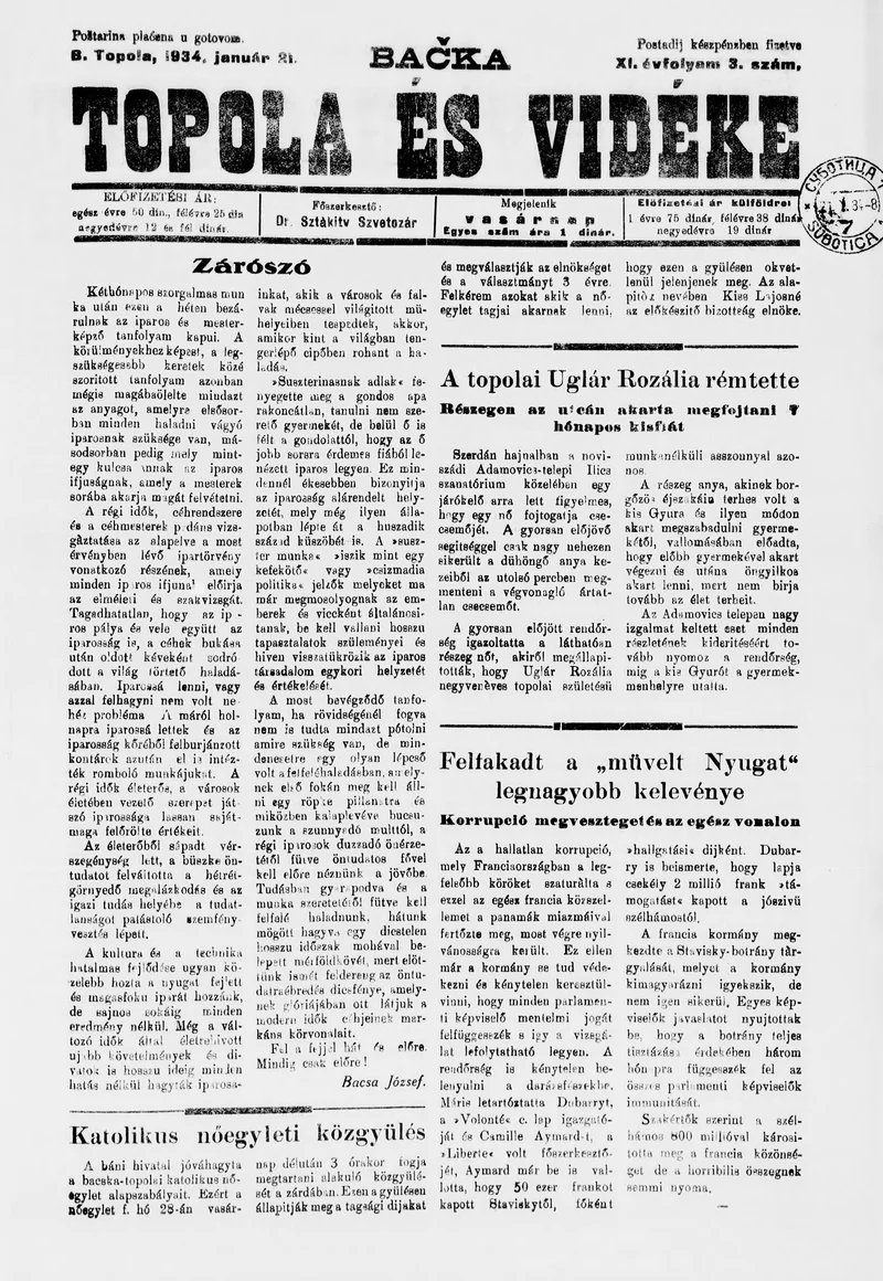 Bačka Topola és Vidéke, 11. évf. 1934. január 21. 3. sz.