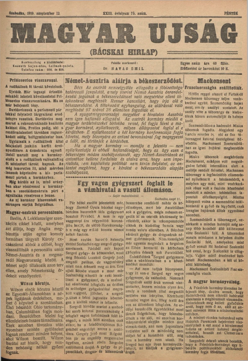 Bácskai Hirlap, 23. évf. 1919. szeptember 12. 75. sz.
