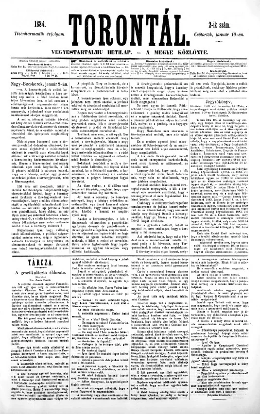 Torontál, 13. évf. 1884. január 10. 2. sz.