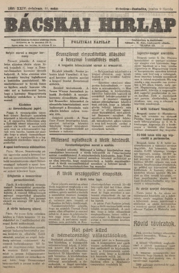 Bácskai Hirlap, 24. évf. 1920. június 9. 83. sz.