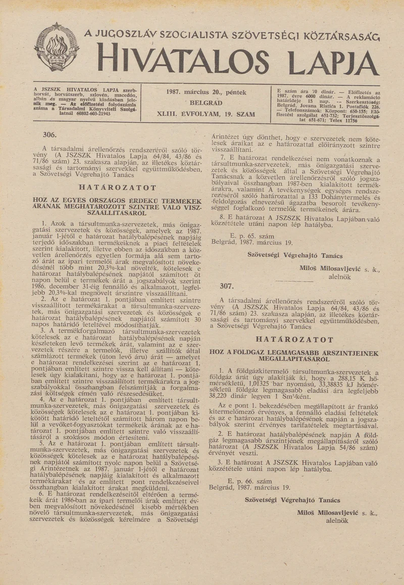 A Jugoszláv Szocialista Szövetségi Köztársaság Hivatalos Lapja, 43. évf. 1987. március 20. 19. sz. 537–540. oldal