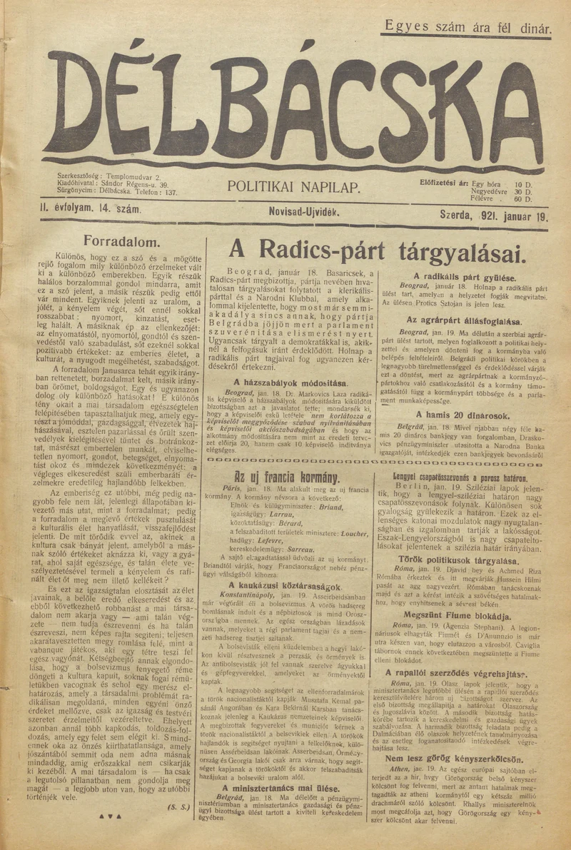 Délbácska, 2. évf. 1921. január 19. 14. sz.