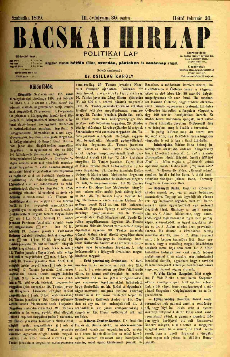 Bácskai Hirlap, 3. évf. 1899. február 20. 30. sz.