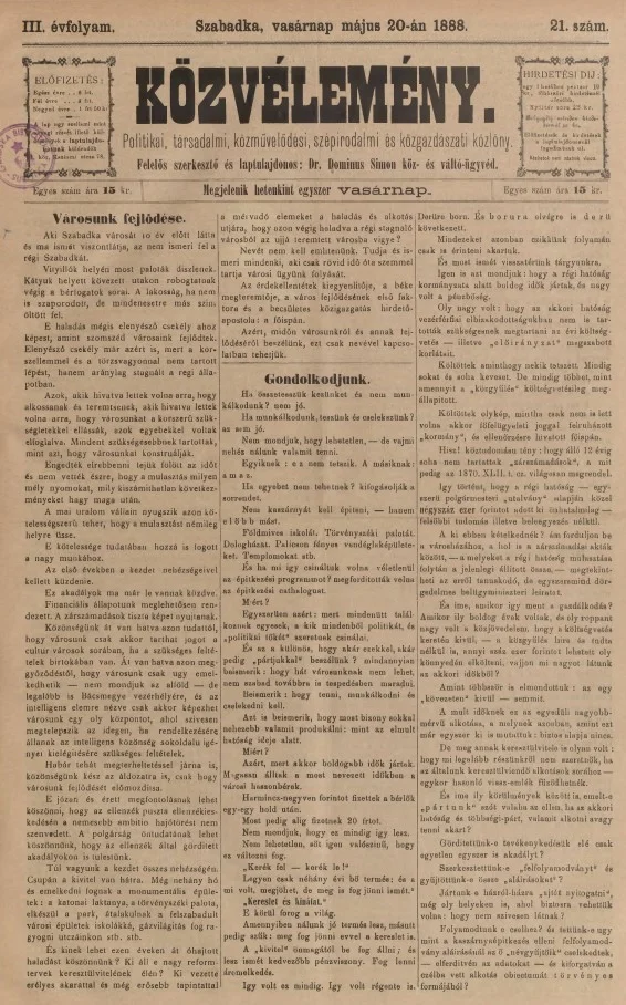 Közvélemény, 3. évf. 1888. május 20. 21. sz.