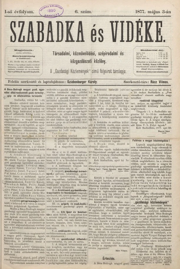 Szabadka és vidéke, 1. évf. 1877. május 3. 6. sz.