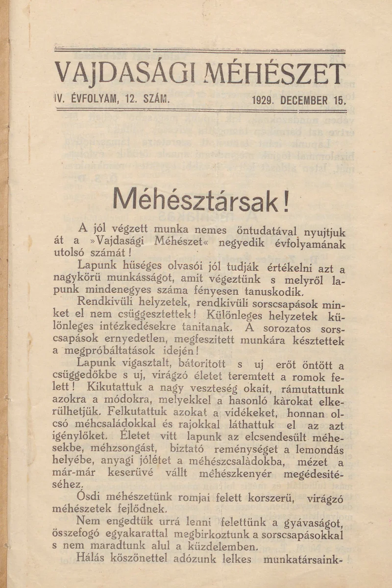 Vajdasági méhészet, 4. évf. 1929. december 15. 12. sz.