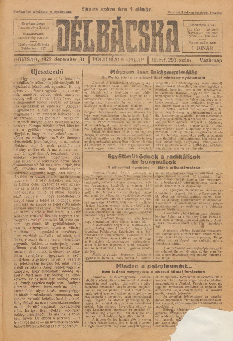 Délbácska, 3. évf. 1922. december 31. 291. sz.