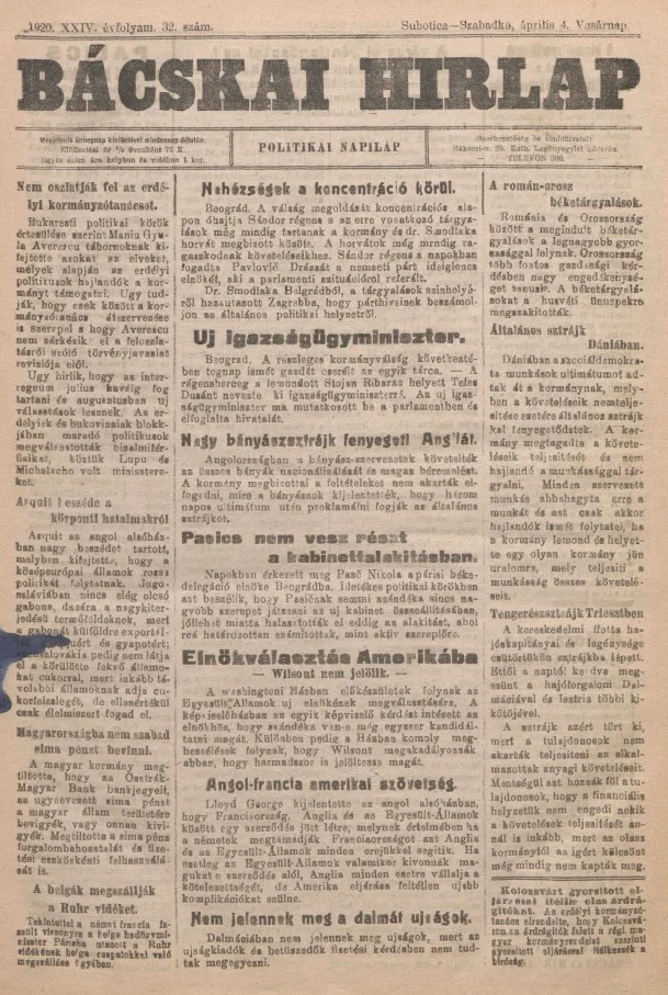 Bácskai Hirlap, 24. évf. 1920. április 4. 32. sz.