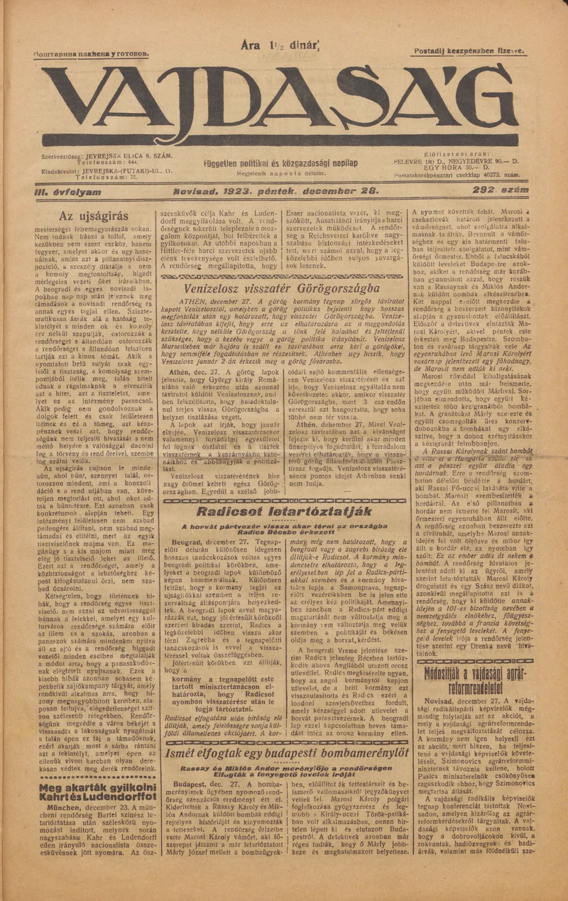 Vajdaság, 3. évf. 1923. december 28. 292. sz.