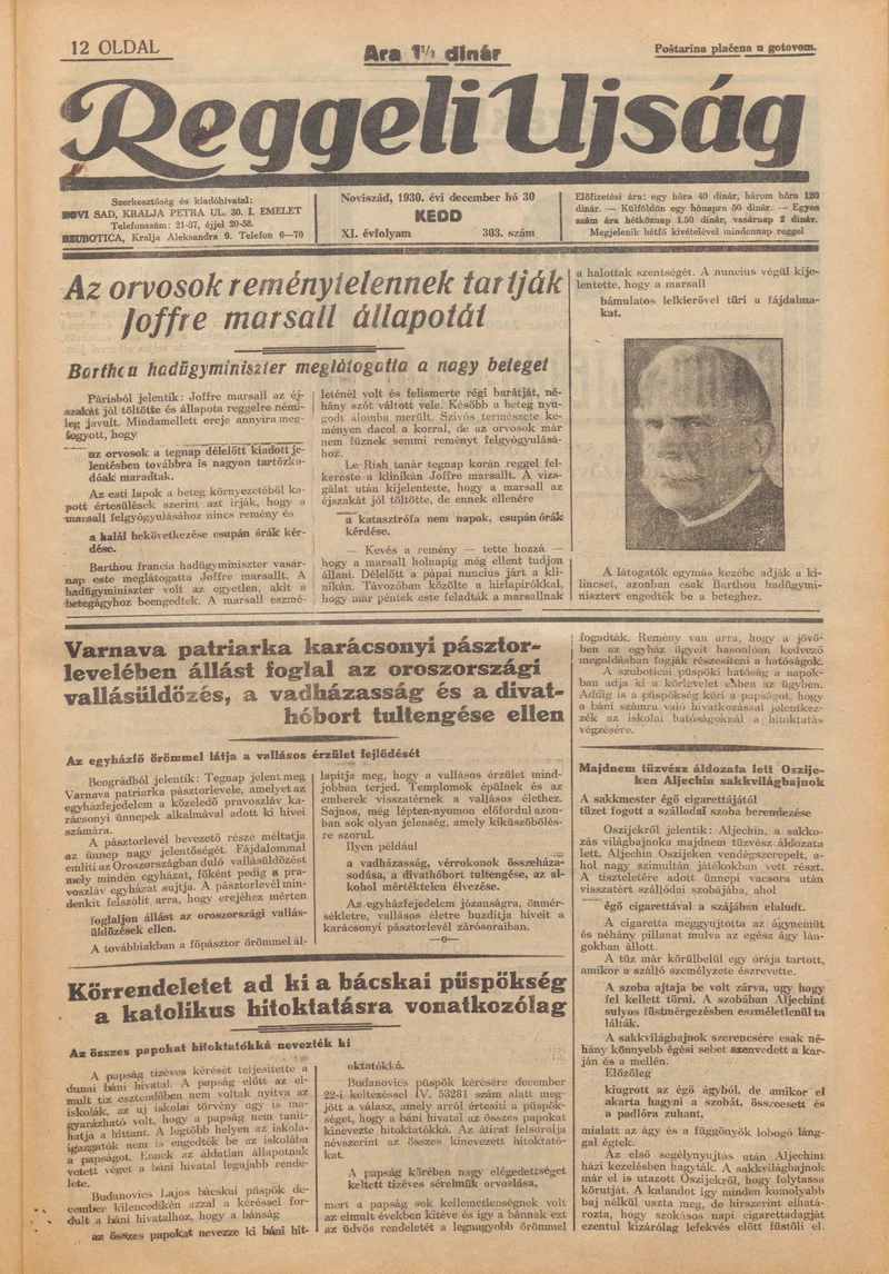 Reggeli Újság, 11. évf. 1930. december 30. 303. sz.