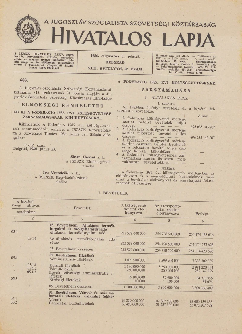 A Jugoszláv Szocialista Szövetségi Köztársaság Hivatalos Lapja, 42. évf. 1986. augusztus 8. 46. sz. 1345–1400. oldal