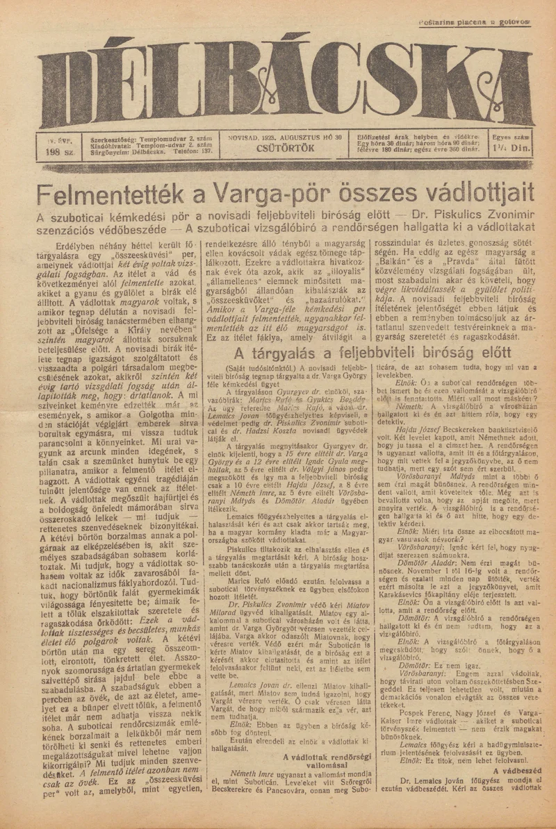 Délbácska, 4. évf. 1923. augusztus 30. 198. sz.
