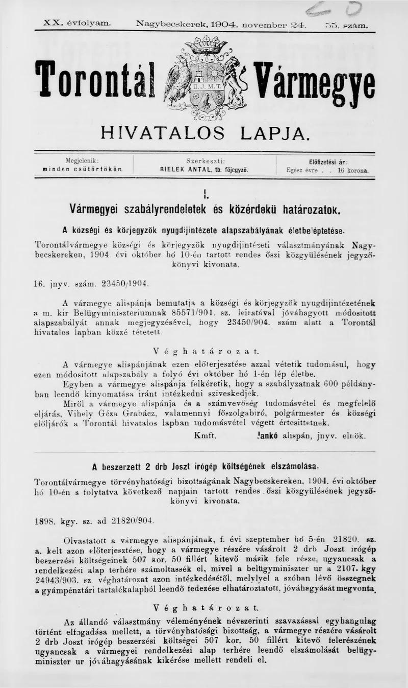 Torontál Vármegye Hivatalos Lapja, 20. évf. 1904. november 24. 55. sz.