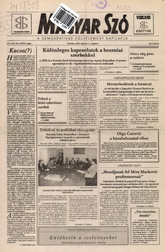 Magyar Szó, 54. évf. 1997. március 1. 50. sz. 1–16. oldal