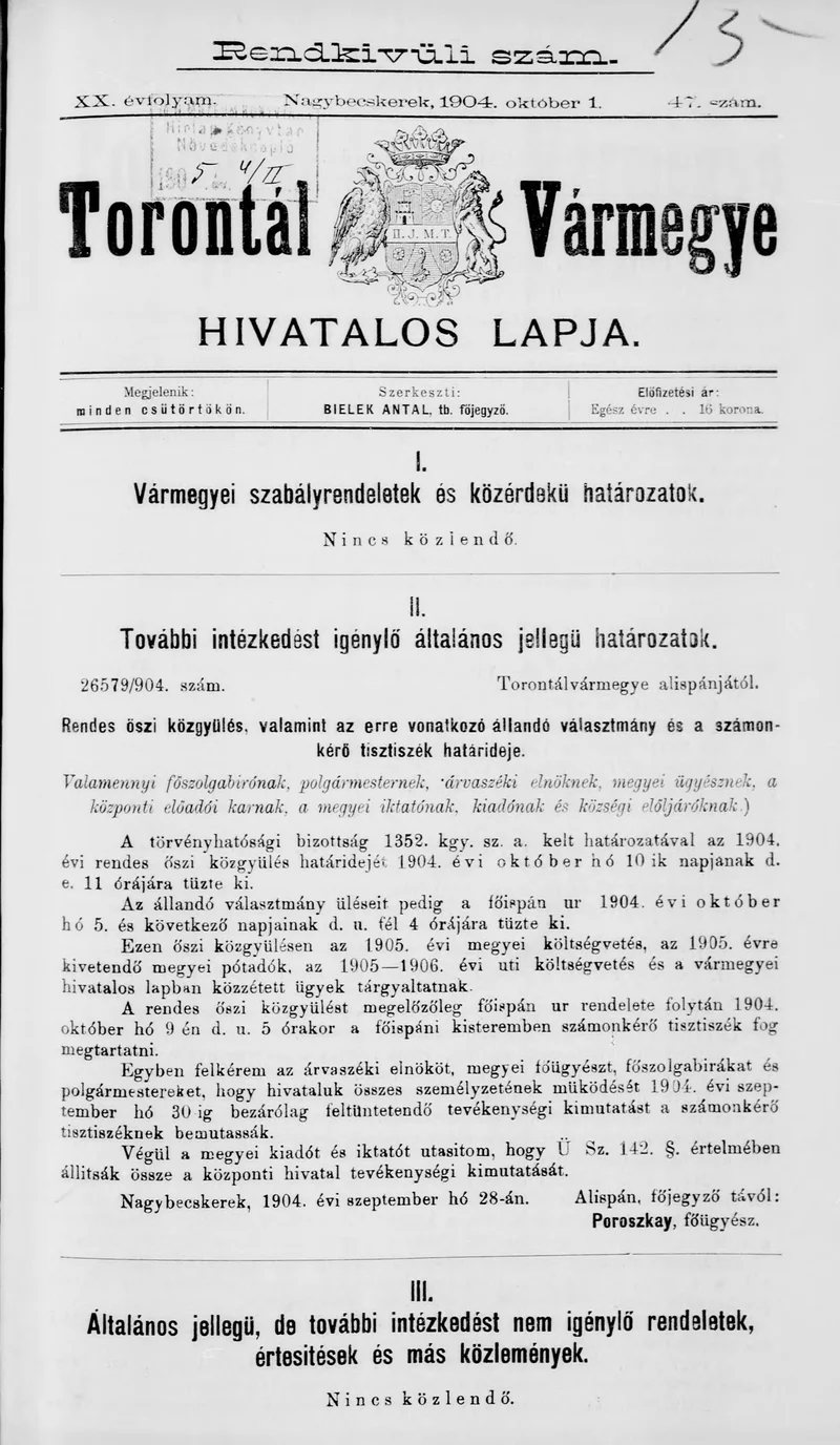 Torontál Vármegye Hivatalos Lapja, 20. évf. 1904. október 1. 47. sz.