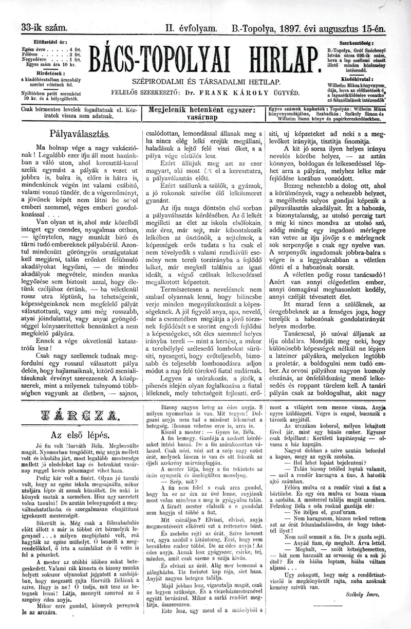 Bács-Topolyai Hirlap, 2. évf. 1897. augusztus 15. 33. sz.