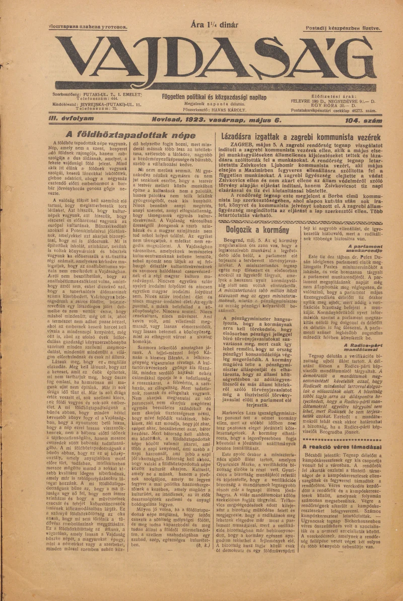 Vajdaság, 3. évf. 1923. május 6. 104. sz.