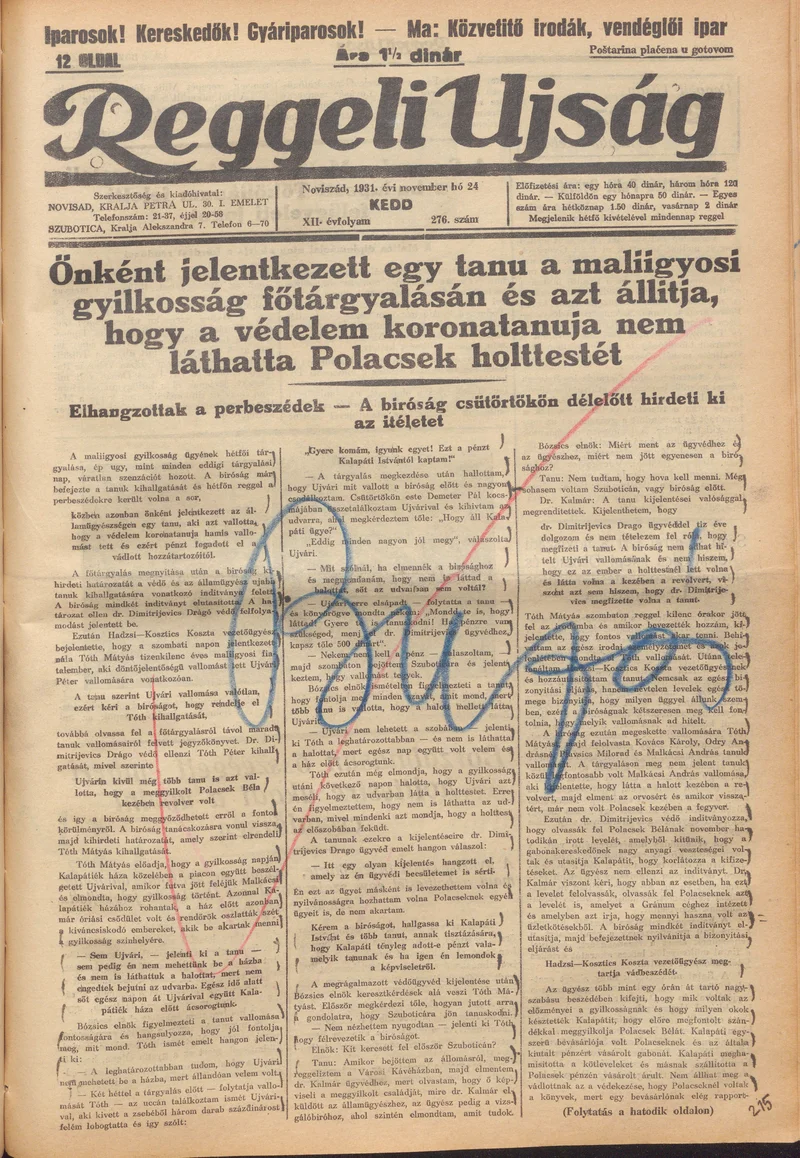 Reggeli Újság, 12. évf. 1931. november 24. 276. sz.